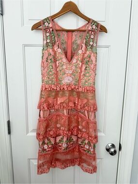 NWT Marchesa Notte Sleeveless Pale Coral Pink Lace Tiered Dress Bird Floral Sz 0